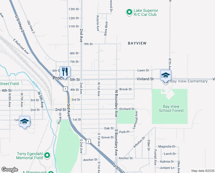map of restaurants, bars, coffee shops, grocery stores, and more near 25 4th St in Proctor