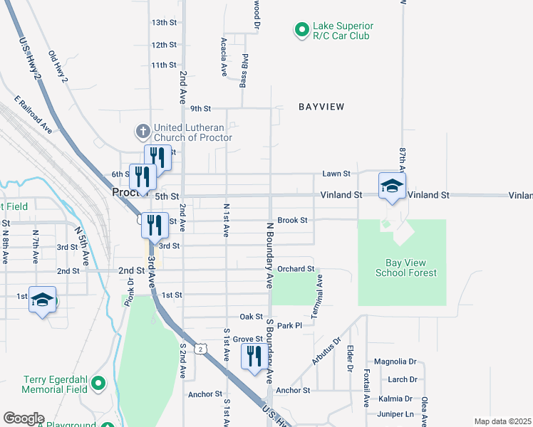 map of restaurants, bars, coffee shops, grocery stores, and more near 1 4th Street in Duluth