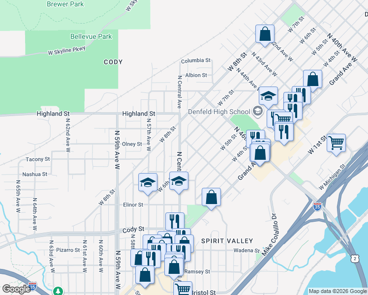 map of restaurants, bars, coffee shops, grocery stores, and more near 1006 North Central Avenue in Duluth