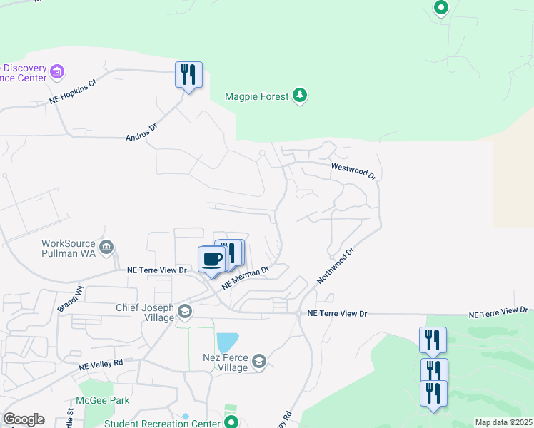 map of restaurants, bars, coffee shops, grocery stores, and more near in Pullman