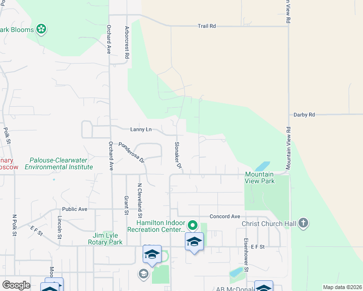 map of restaurants, bars, coffee shops, grocery stores, and more near 1021 Slonaker Drive in Moscow