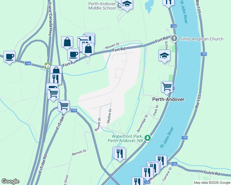 map of restaurants, bars, coffee shops, grocery stores, and more near 57 Hillcrest Drive in Perth-Andover