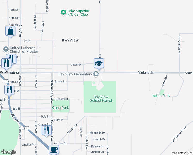 map of restaurants, bars, coffee shops, grocery stores, and more near 8708 Vinland Street in Proctor