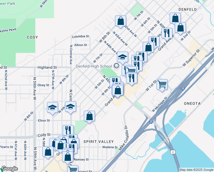 map of restaurants, bars, coffee shops, grocery stores, and more near 4625 West 4th Street in Duluth