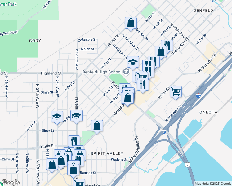 map of restaurants, bars, coffee shops, grocery stores, and more near 4625 West 4th Street in Duluth
