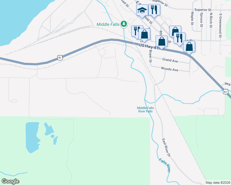 map of restaurants, bars, coffee shops, grocery stores, and more near 646 East River Drive in L'Anse