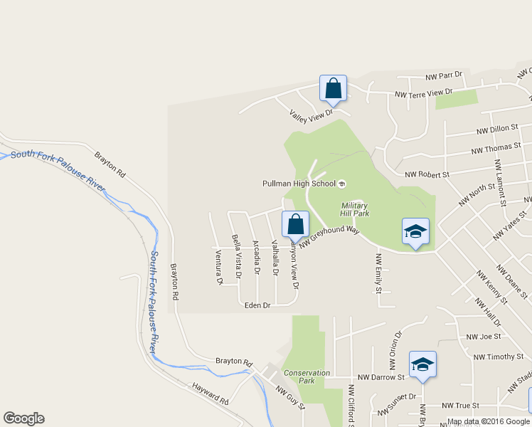 map of restaurants, bars, coffee shops, grocery stores, and more near 1515 Valhalla Drive in Pullman