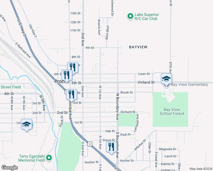 map of restaurants, bars, coffee shops, grocery stores, and more near 25 4th Street in Proctor