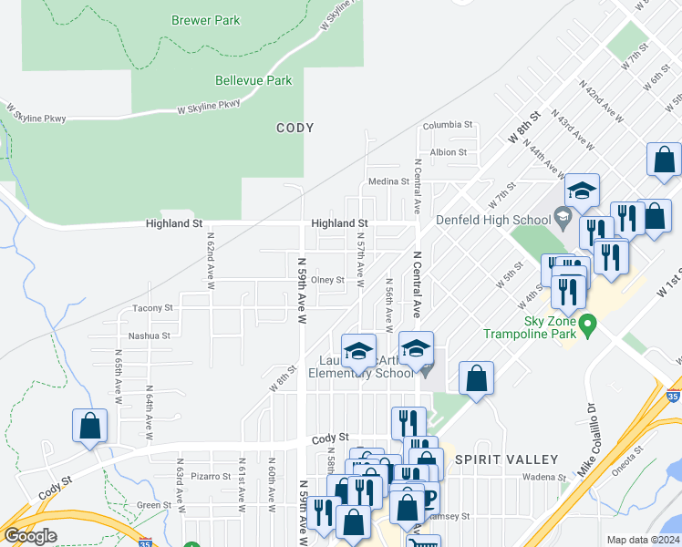 map of restaurants, bars, coffee shops, grocery stores, and more near 5713 Olney Street in Duluth