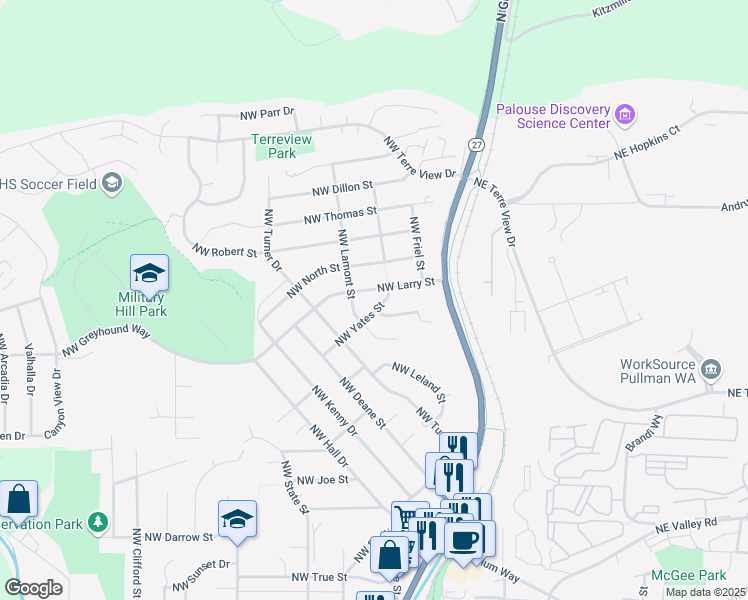 map of restaurants, bars, coffee shops, grocery stores, and more near 215 Northwest North Street in Pullman