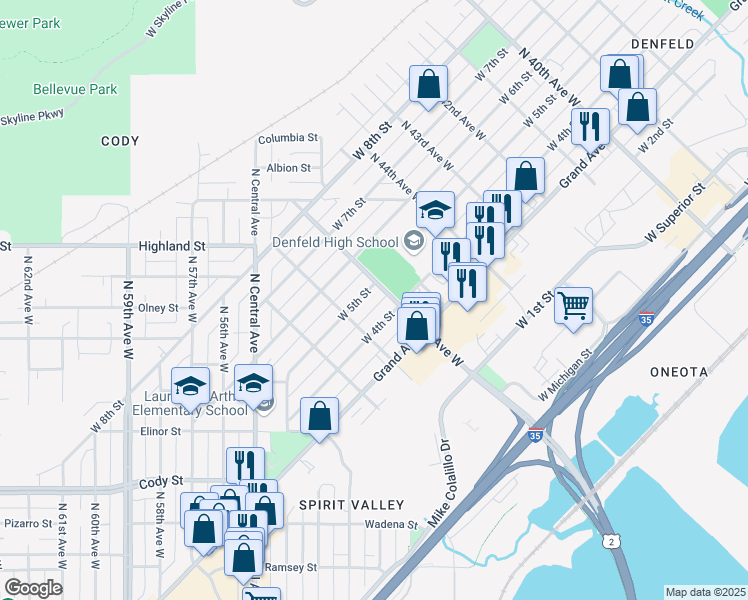 map of restaurants, bars, coffee shops, grocery stores, and more near in Duluth