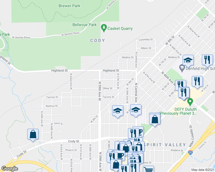 map of restaurants, bars, coffee shops, grocery stores, and more near 5724 Huntington Street in Duluth