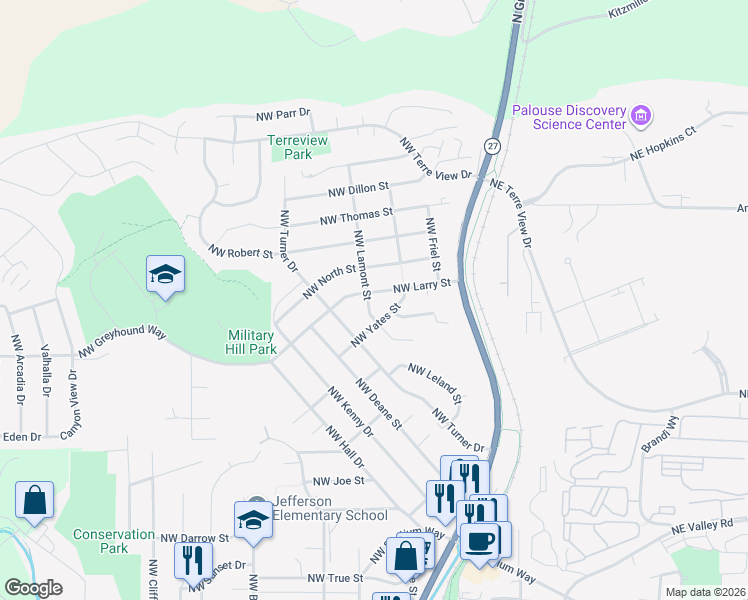 map of restaurants, bars, coffee shops, grocery stores, and more near 215 Northwest North Street in Pullman