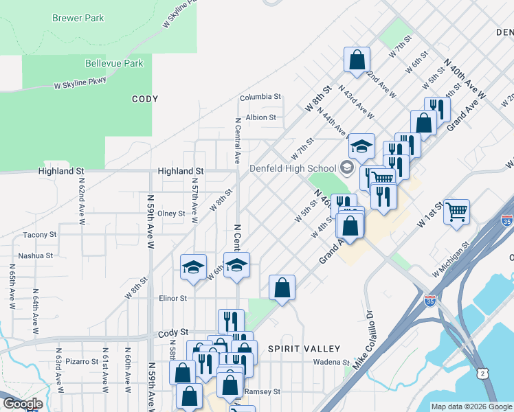 map of restaurants, bars, coffee shops, grocery stores, and more near 1126 North Central Avenue in Duluth