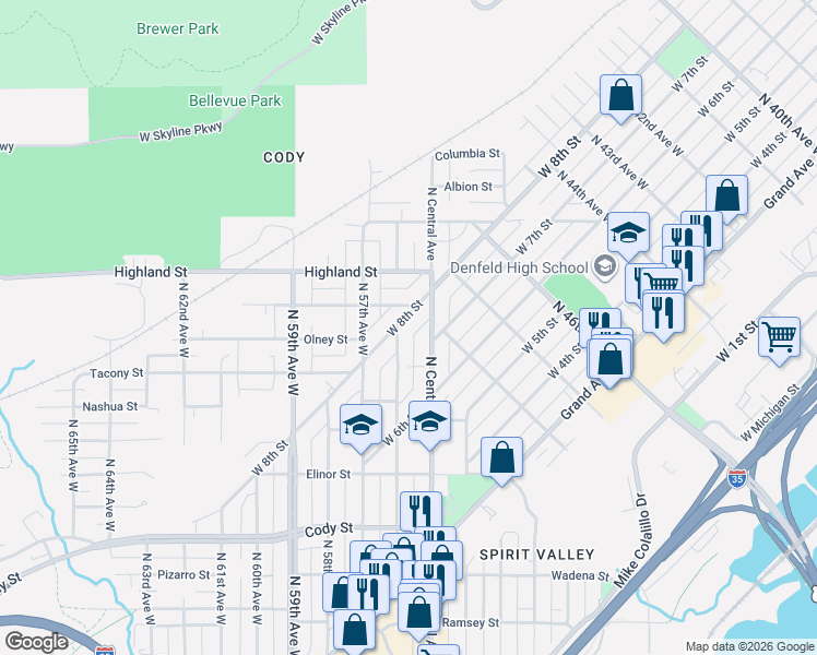 map of restaurants, bars, coffee shops, grocery stores, and more near 5525 Huntington Street in Duluth