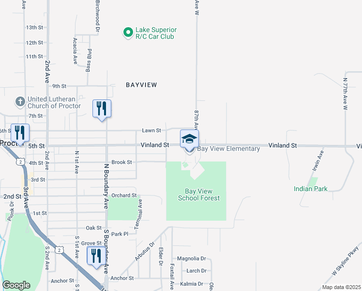 map of restaurants, bars, coffee shops, grocery stores, and more near 8729 Vinland Street in Duluth