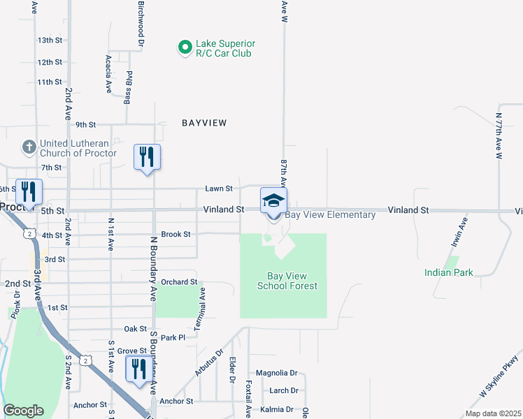 map of restaurants, bars, coffee shops, grocery stores, and more near 8708 Vinland Street in Proctor