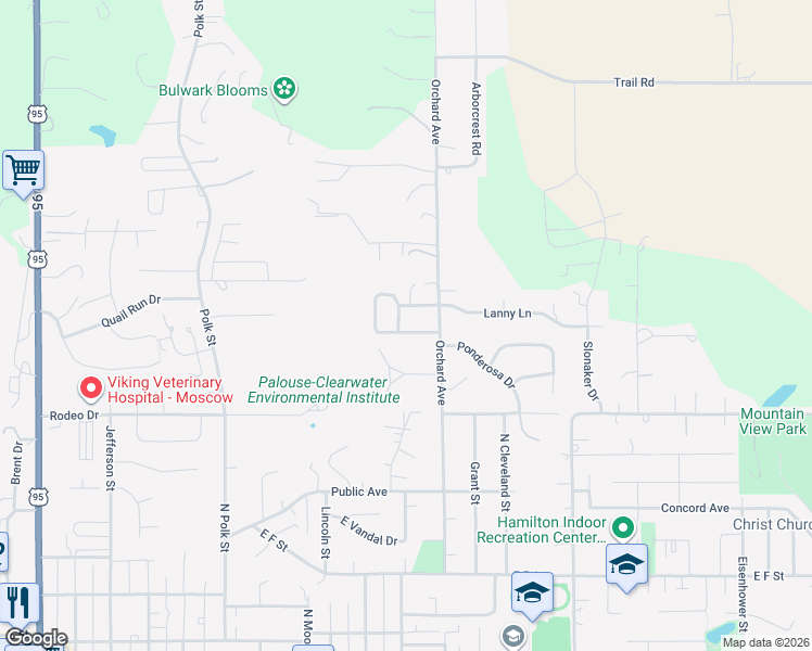 map of restaurants, bars, coffee shops, grocery stores, and more near 1289 Highland Drive in Moscow