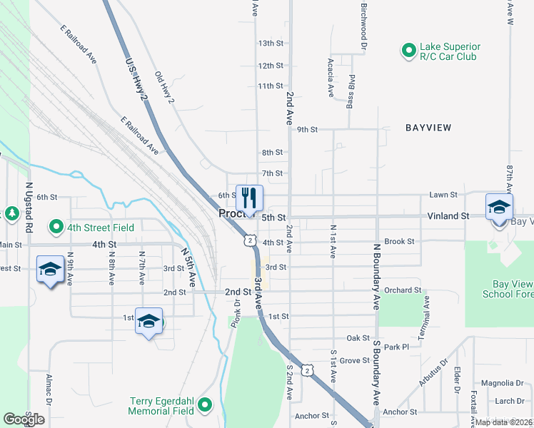 map of restaurants, bars, coffee shops, grocery stores, and more near 200 6th Street in Proctor