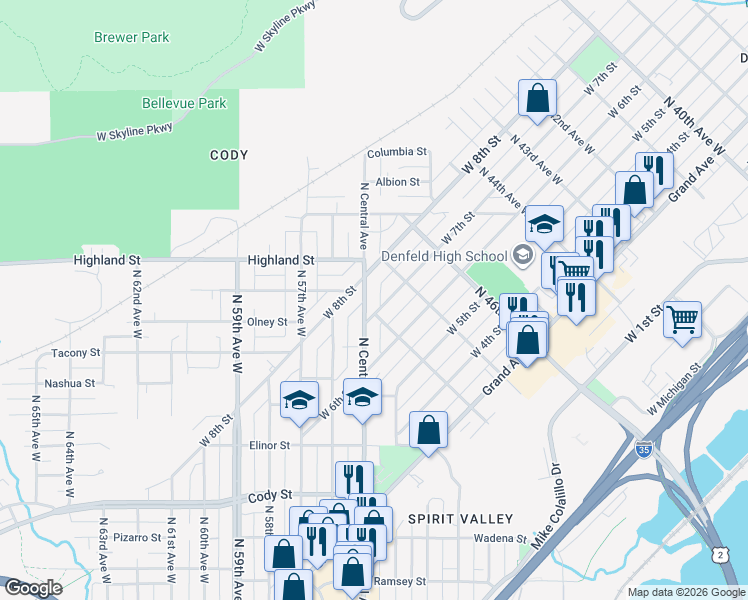 map of restaurants, bars, coffee shops, grocery stores, and more near 1126 North Central Avenue in Duluth