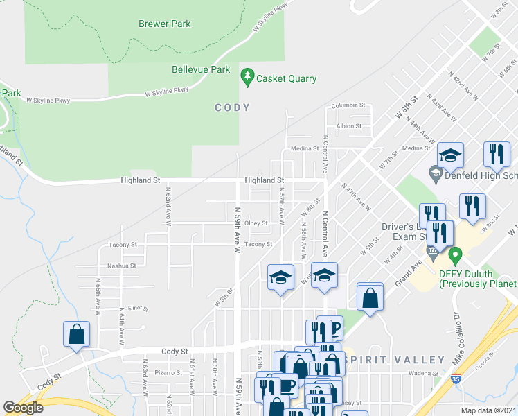map of restaurants, bars, coffee shops, grocery stores, and more near 5724 Huntington Street in Duluth