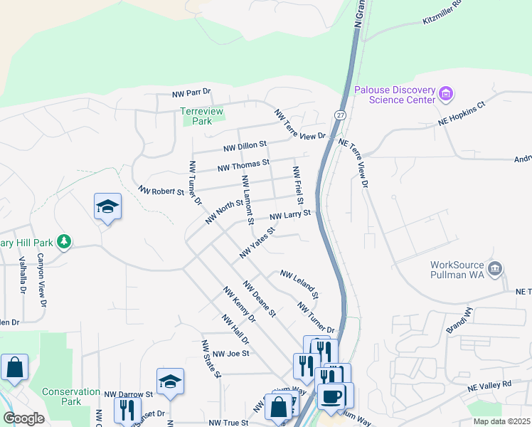 map of restaurants, bars, coffee shops, grocery stores, and more near 215 Northwest North Street in Pullman