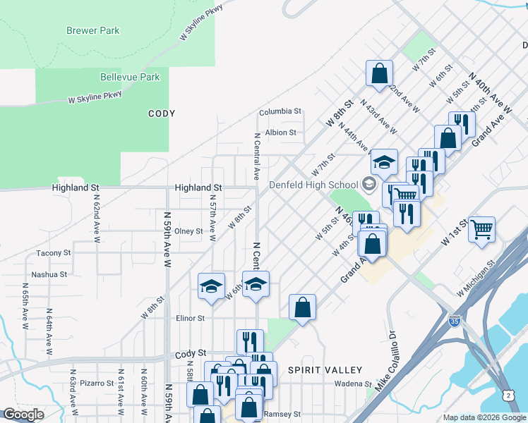 map of restaurants, bars, coffee shops, grocery stores, and more near 1126 North Central Avenue in Duluth