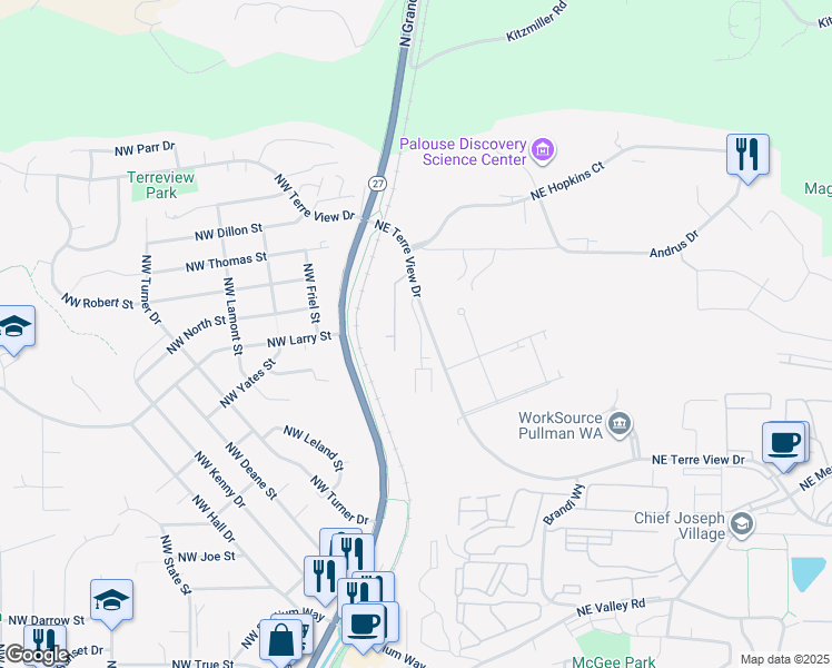 map of restaurants, bars, coffee shops, grocery stores, and more near 375 Northeast Terre View Drive in Pullman