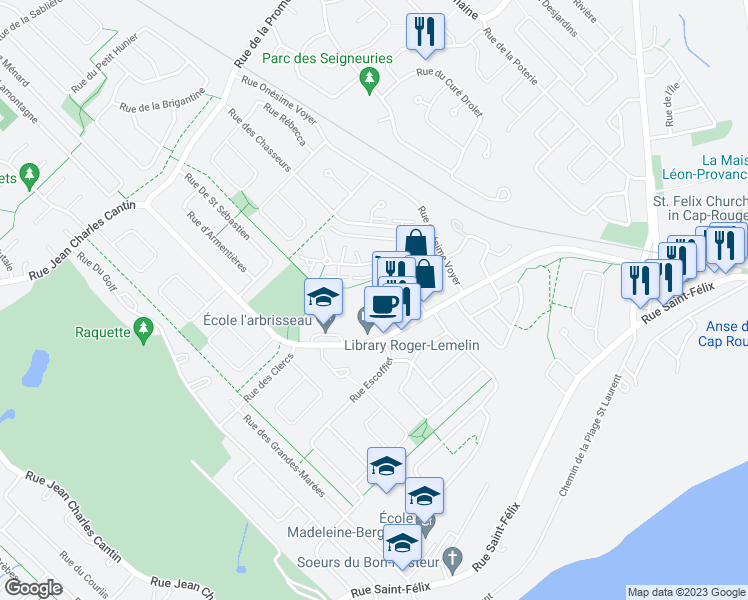 map of restaurants, bars, coffee shops, grocery stores, and more near 1418 Rue Esther Blondin in Québec
