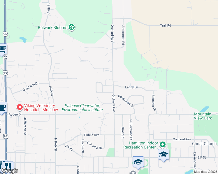 map of restaurants, bars, coffee shops, grocery stores, and more near 1289 Highland Drive in Moscow