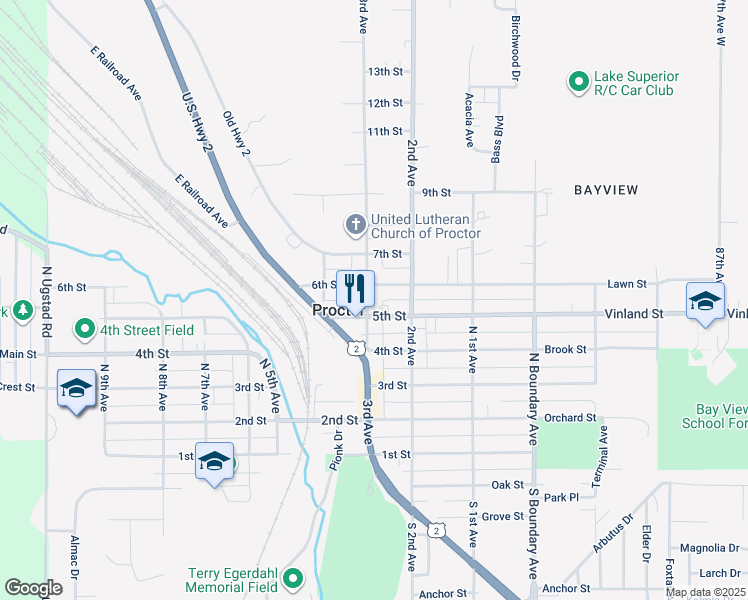 map of restaurants, bars, coffee shops, grocery stores, and more near 512 3rd Avenue in Proctor