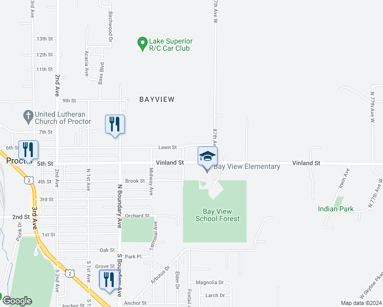 map of restaurants, bars, coffee shops, grocery stores, and more near 8729 Vinland Street in Duluth