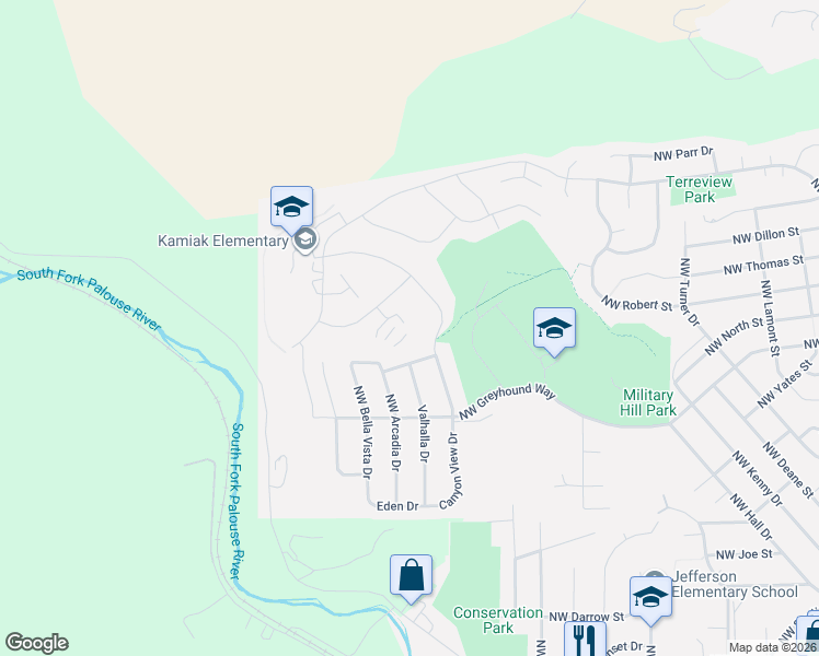 map of restaurants, bars, coffee shops, grocery stores, and more near 2000-2098 Canyon View Dr in Pullman