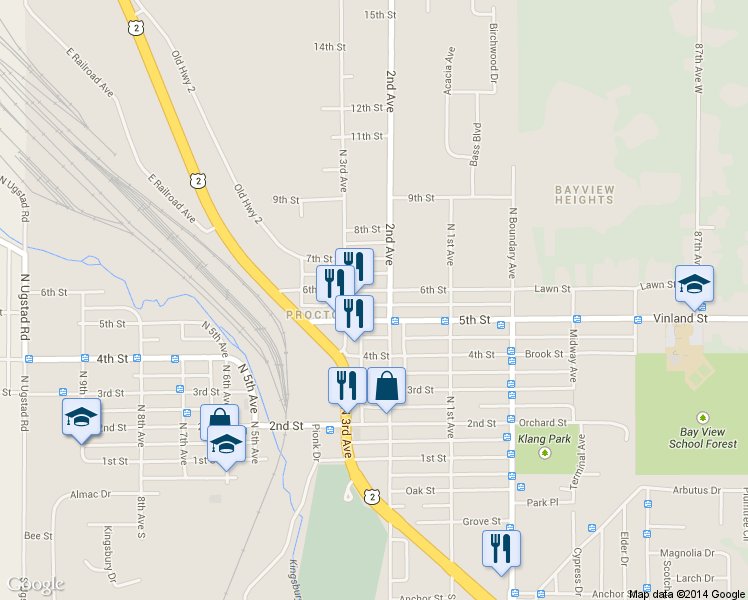 map of restaurants, bars, coffee shops, grocery stores, and more near 200 6th Street in Proctor