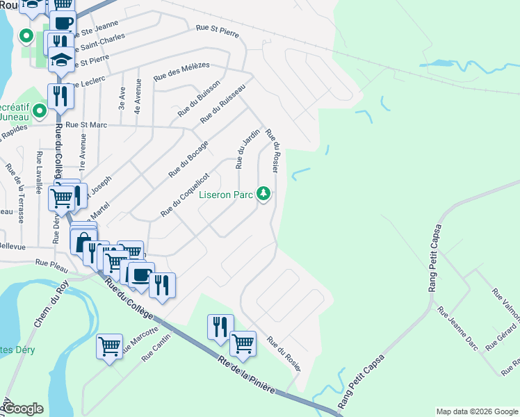 map of restaurants, bars, coffee shops, grocery stores, and more near 30 Rue du Liseron in Pont-Rouge