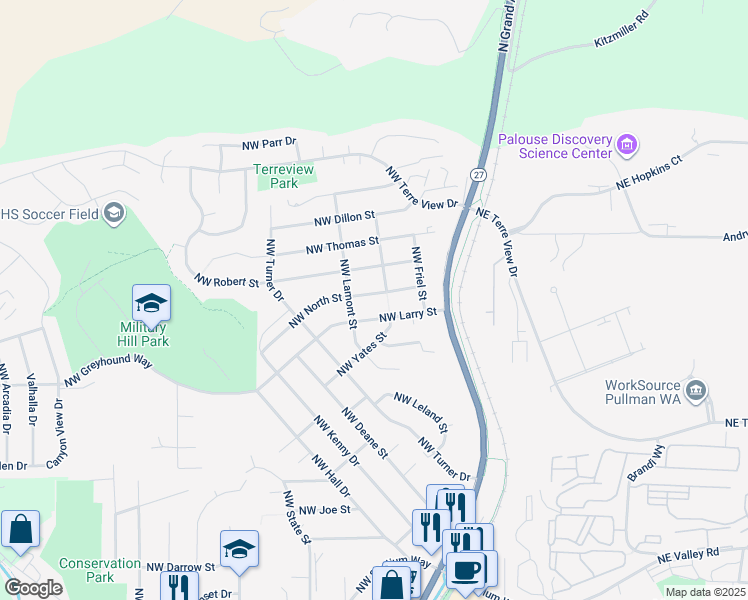 map of restaurants, bars, coffee shops, grocery stores, and more near 215 Northwest North Street in Pullman