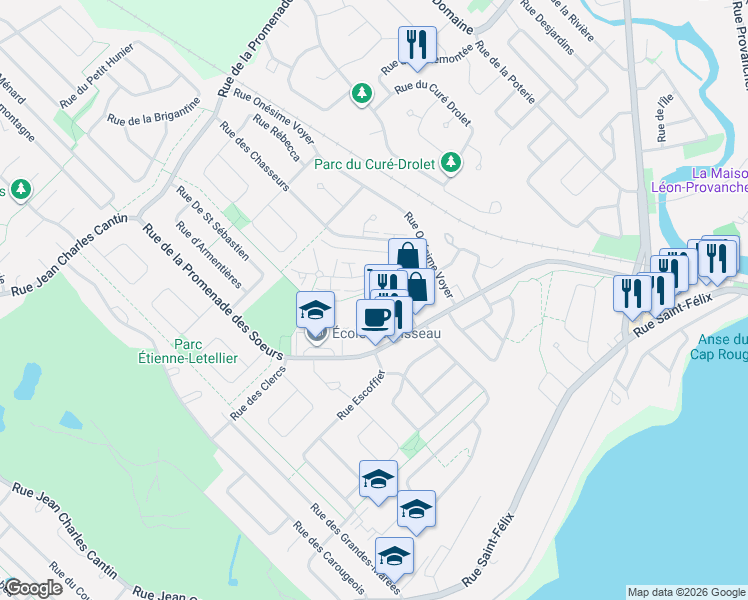 map of restaurants, bars, coffee shops, grocery stores, and more near 1426 Rue Esther Blondin in Québec
