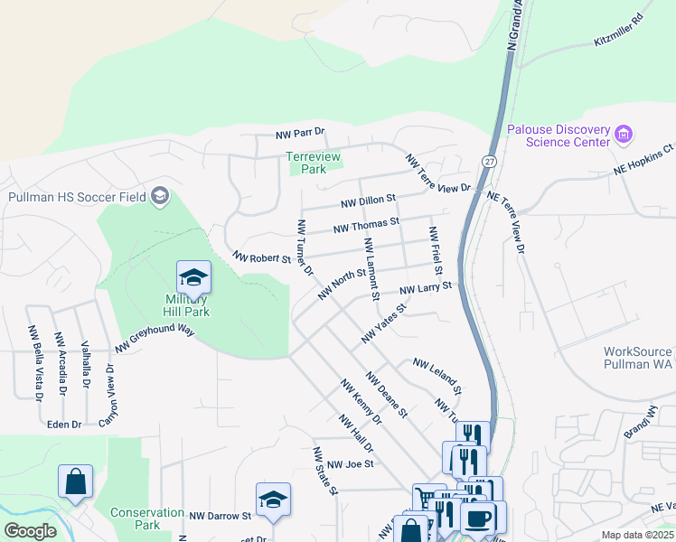 map of restaurants, bars, coffee shops, grocery stores, and more near in Pullman
