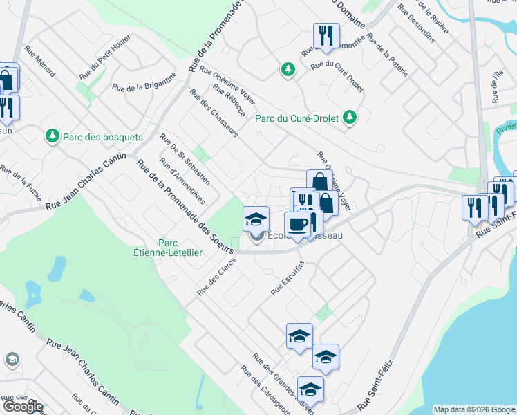 map of restaurants, bars, coffee shops, grocery stores, and more near 4644 Rue Caroline Valin in Québec