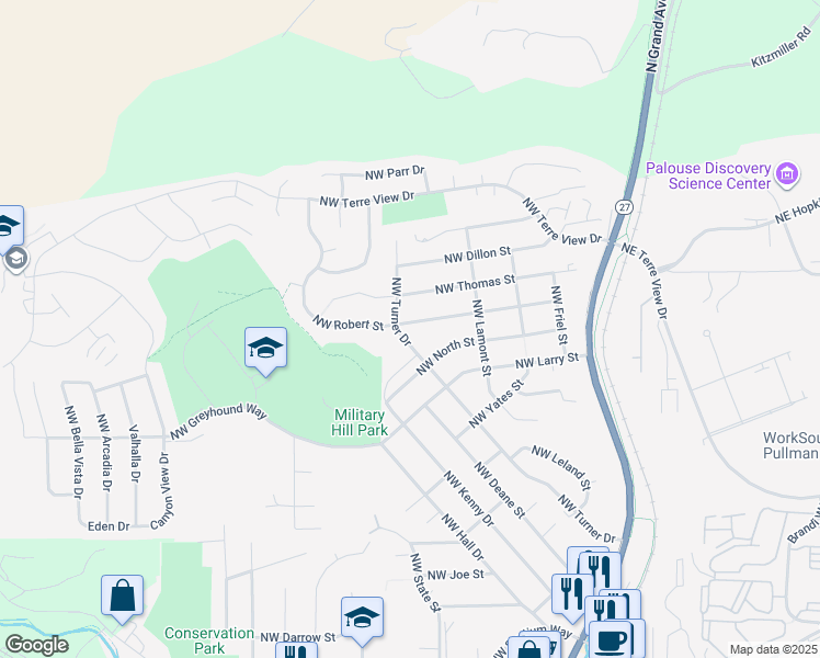 map of restaurants, bars, coffee shops, grocery stores, and more near 2065 Northwest Turner Drive in Pullman
