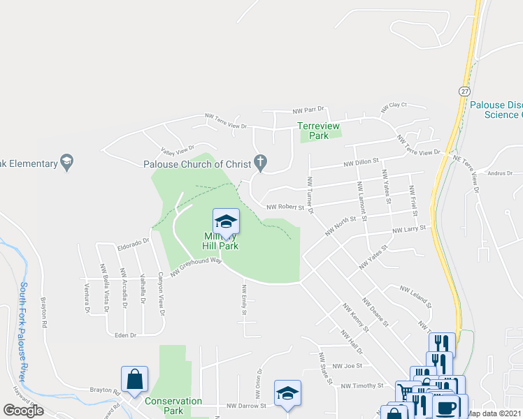 map of restaurants, bars, coffee shops, grocery stores, and more near 525 Northwest Robert Street in Pullman