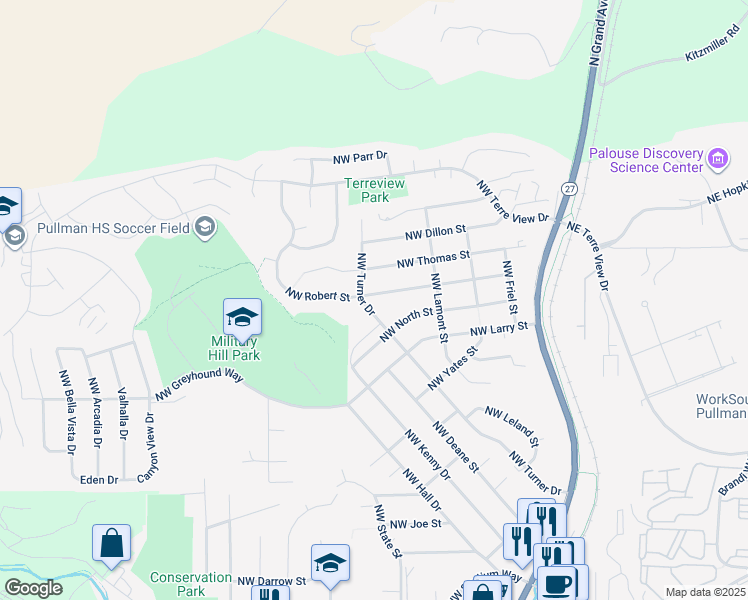 map of restaurants, bars, coffee shops, grocery stores, and more near 385 Northwest Robert Street in Pullman