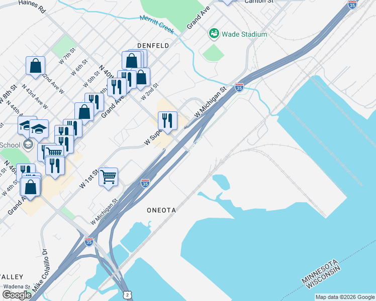 map of restaurants, bars, coffee shops, grocery stores, and more near Oneota Street in Duluth