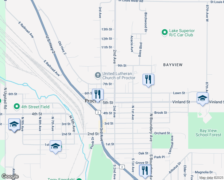 map of restaurants, bars, coffee shops, grocery stores, and more near 200 6th Street in Proctor
