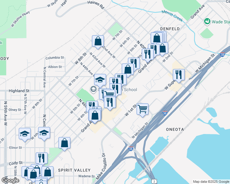 map of restaurants, bars, coffee shops, grocery stores, and more near 4325 Grand Avenue in Duluth