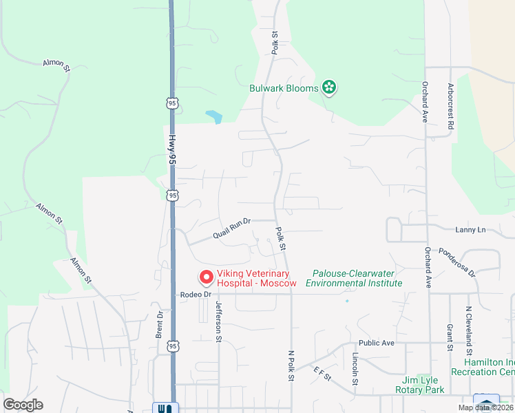 map of restaurants, bars, coffee shops, grocery stores, and more near 1450 Bob White Place in Moscow