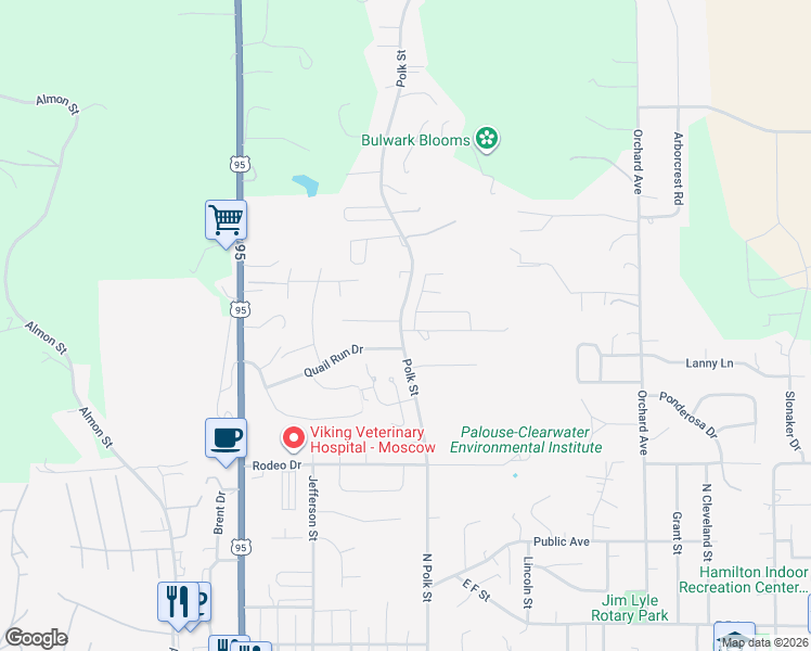 map of restaurants, bars, coffee shops, grocery stores, and more near 1401 North Polk Street in Moscow