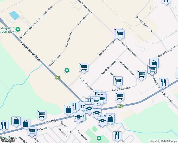 map of restaurants, bars, coffee shops, grocery stores, and more near 259 Rue de Copenhague in Saint-Augustin-de-Desmaures