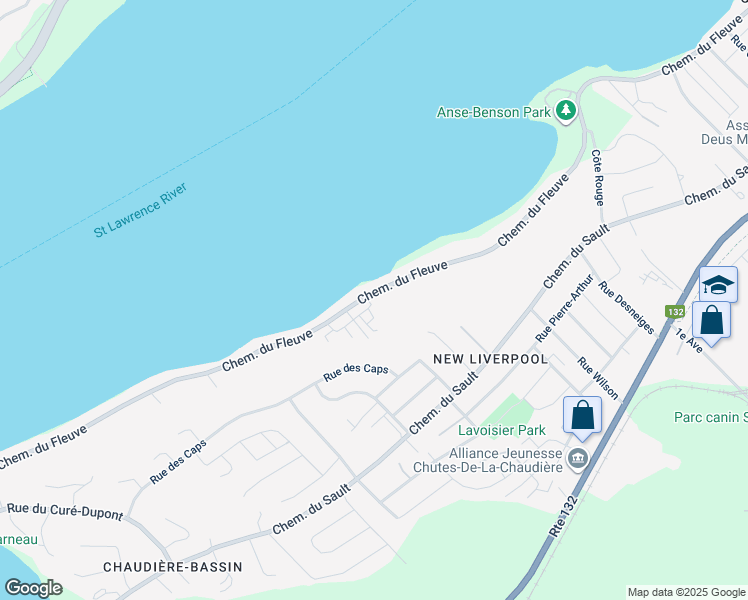 map of restaurants, bars, coffee shops, grocery stores, and more near 1648 Chemin du Fleuve in Lévis