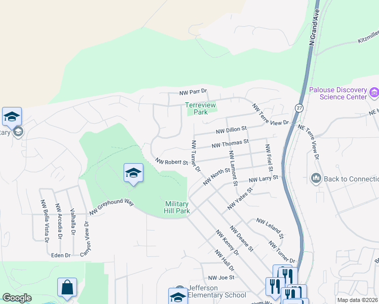 map of restaurants, bars, coffee shops, grocery stores, and more near 393 Northwest Thomas Street in Pullman